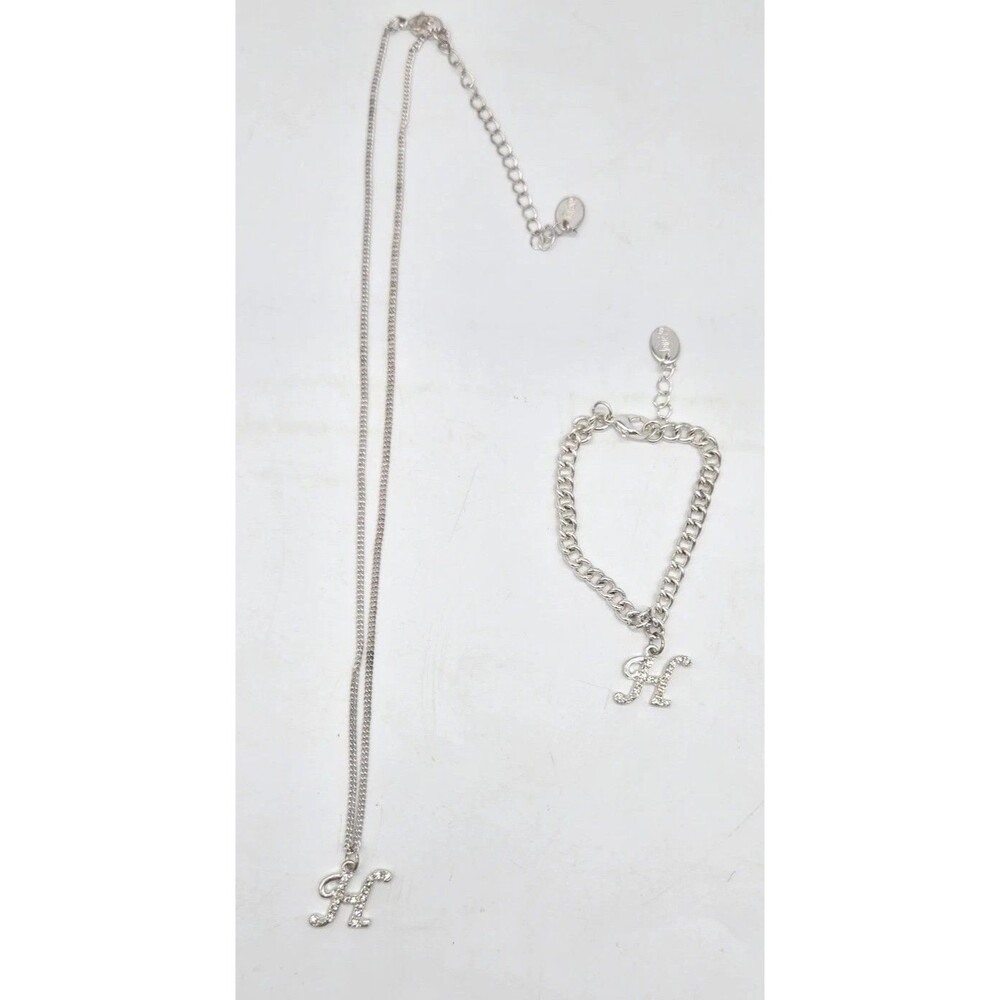 Claires Initial Monogram "H" Letter Lot Necklace & Bracelet Jewelry Silver Tone
